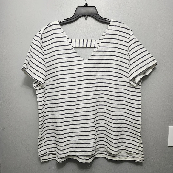 Ellen Tracy women's blouse top size XL linen blend white stripped V neck - Picture 1 of 6